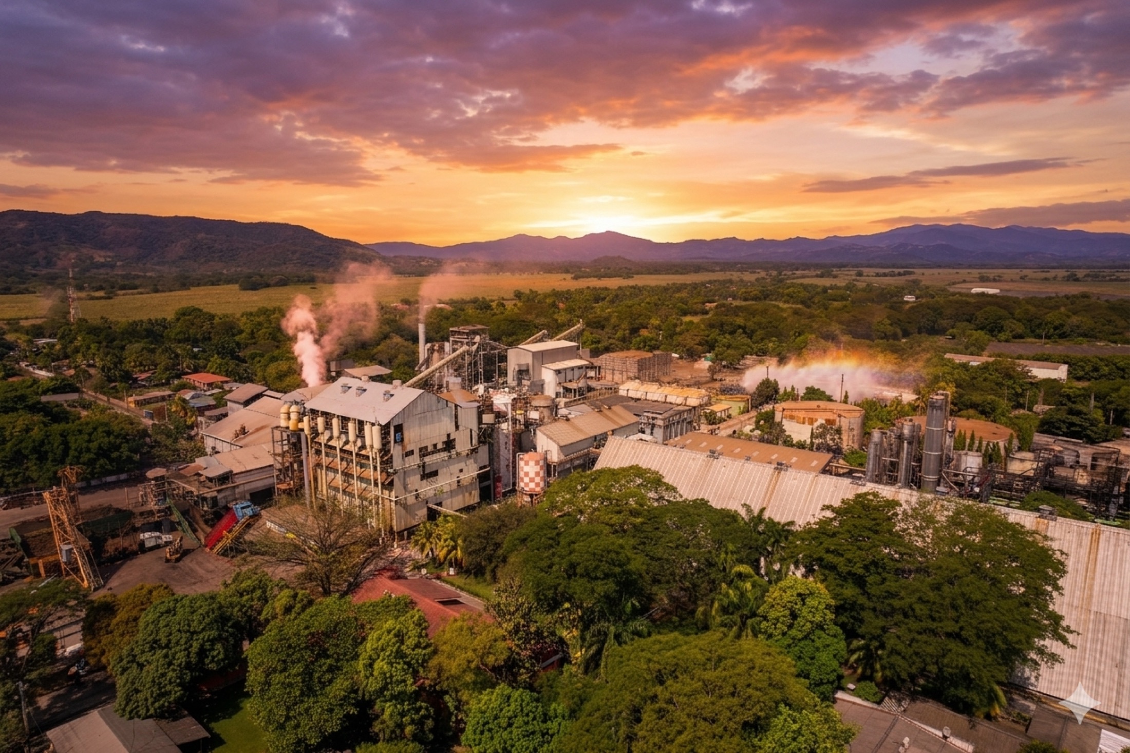 Vista aérea de Ingenio La Cabaña al atardecer