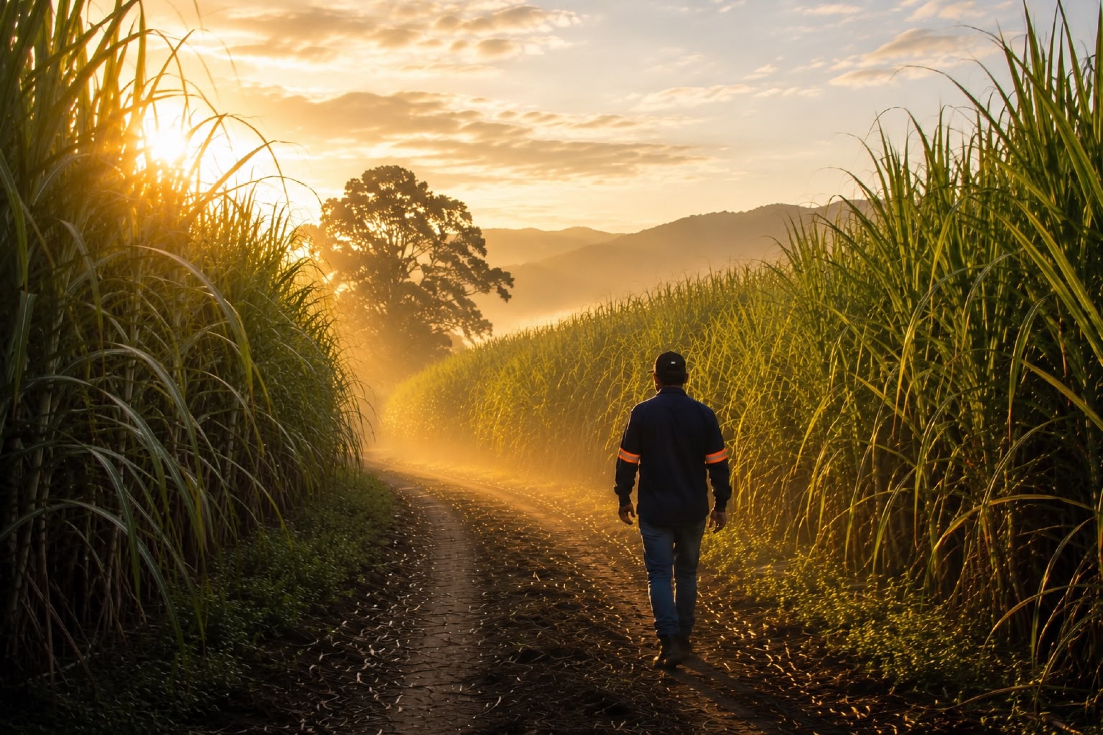 Trabajador caminando por el cañal al amanecer, El Paisnal, El Salvador