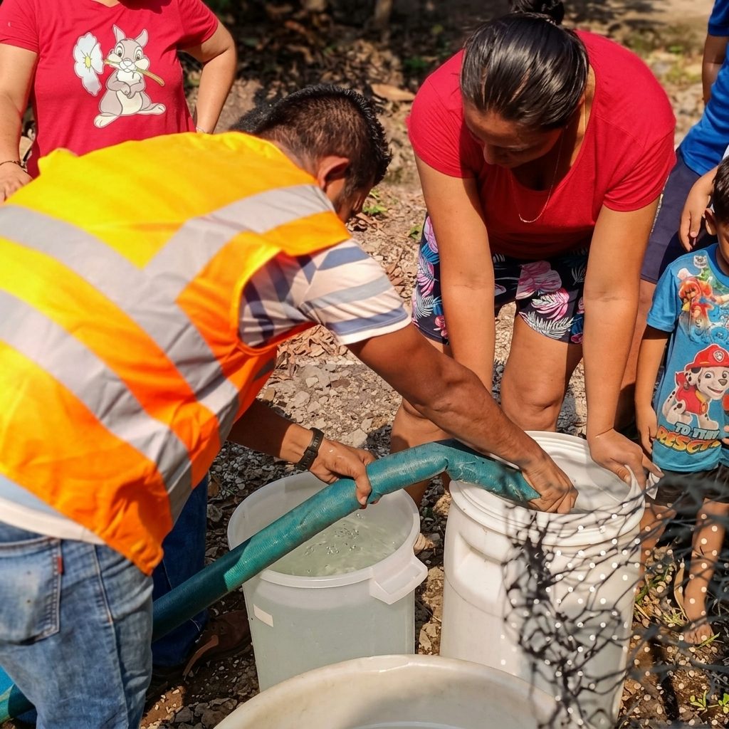 Personal de Ingenio La Cabaña llenando recipientes con agua de una pipa para familias de una comunidad, parte de la iniciativa Agua para Todos